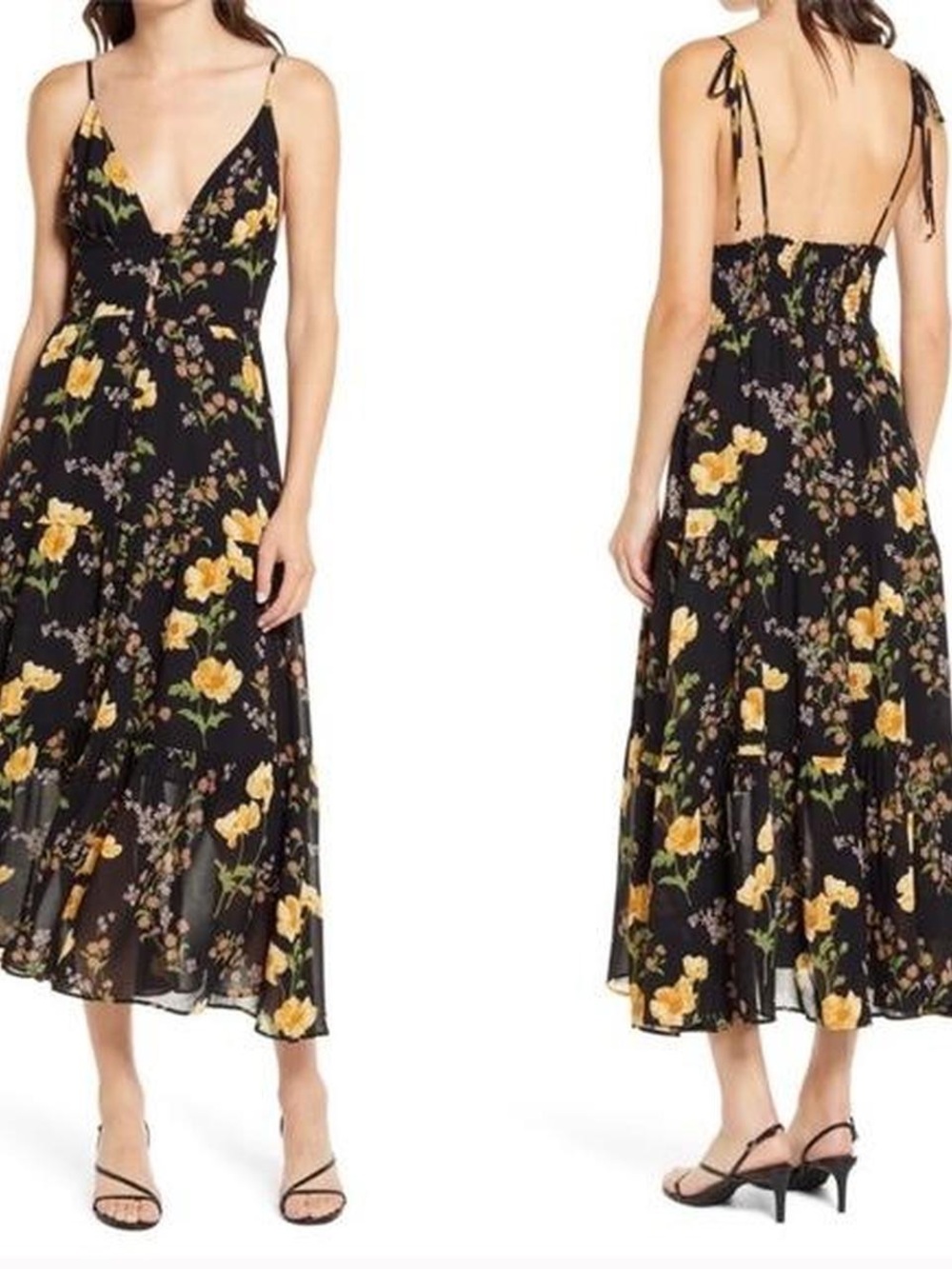 Reformation Black Midi Dress with Yellow Floral Print - Picture 2 of 8